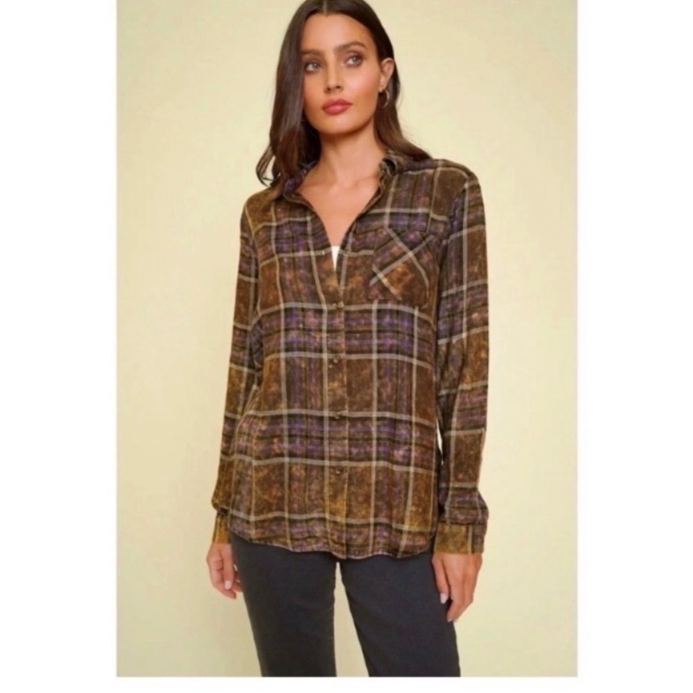 MYSTREE Boutique Brown Plaid Washed Flannel Top - Picture 5 of 10